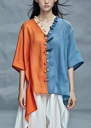 French Colorblock Ruffled Asymmetrical T Shirt Half Sleeve