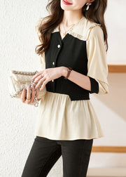 French Colorblock Ruffled Patchwork False Two Pieces Chiffon Shirt Fall