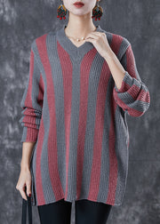 French Colorblock V Neck Striped Knit Top Spring