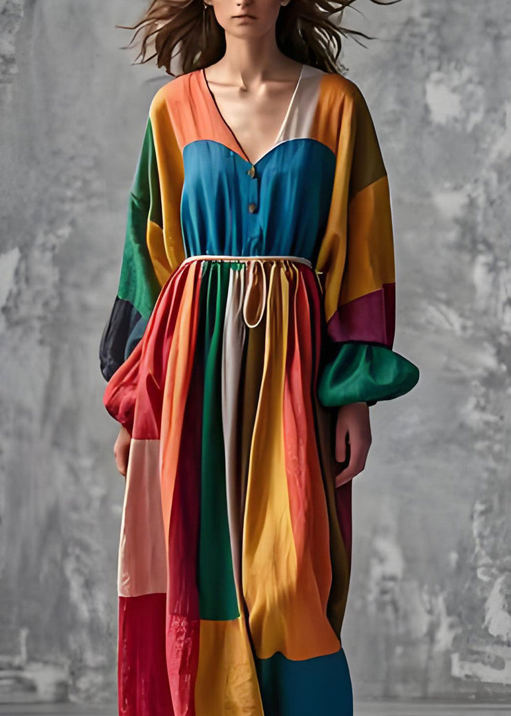 French Colorblock V Neck Wrinkled Cotton Long Dress Lantern Sleeve