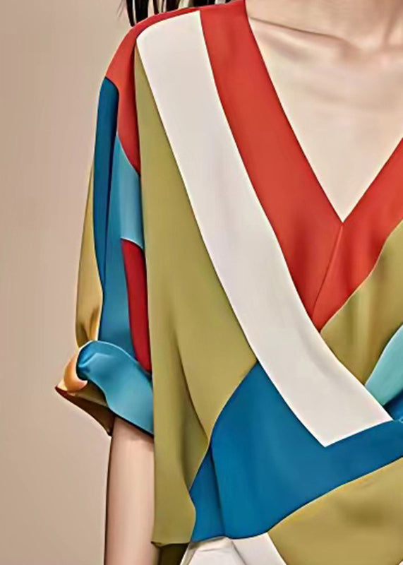 French Colorblock Wrinkled Chiffon T Shirts Summer