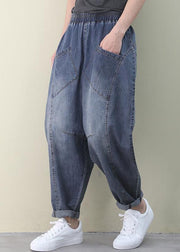 French Dark Blue Elastic Waist Pockets Patchwork Cotton Denim Pants Spring