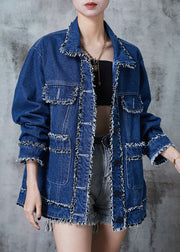 French Denim Blue Tasseled Patchwork Loose Coat Fall