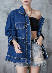 French Denim Blue Tasseled Patchwork Loose Coat Fall