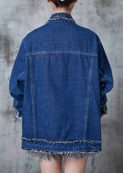 French Denim Blue Tasseled Patchwork Loose Coat Fall