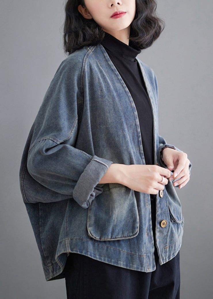 French Denim Blue V Neck Pockets Patchwork Coat Spring