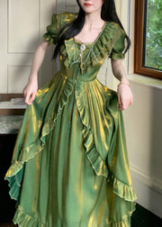 French Gilding Green Ruffled Patchwork Silk Dresses Summer