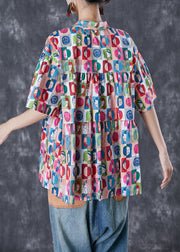 French Graffiti Print Oversized Wrinkled Cotton Blouses Summer