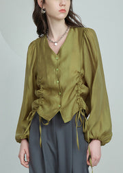 French Grass Green V Neck Lace Up Silk Cotton Shirt Long Sleeve