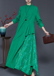 French Green Asymmetrical Patchwork Cotton Ankle Dress Spring