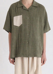 French Green Button Patchwork Cotton Men Shirt Summer