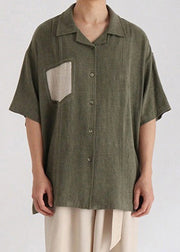 French Green Button Patchwork Cotton Men Shirt Summer