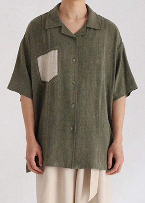 French Green Button Patchwork Cotton Men Shirt Summer