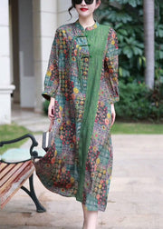 French Green Button Print Patchwork Silk Long Dress Spring