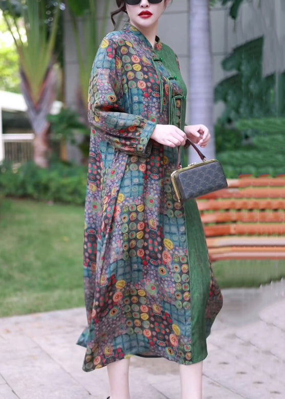 French Green Button Print Patchwork Silk Long Dress Spring