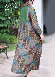 French Green Button Print Patchwork Silk Long Dress Spring