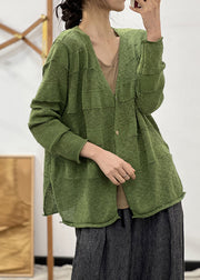 French Green Button Side Open Cotton Knit Coats Long Sleeve