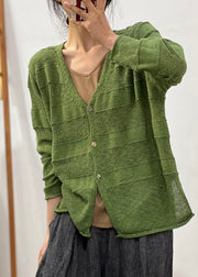 French Green Button Side Open Cotton Knit Coats Long Sleeve