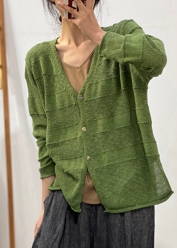 French Green Button Side Open Cotton Knit Coats Long Sleeve