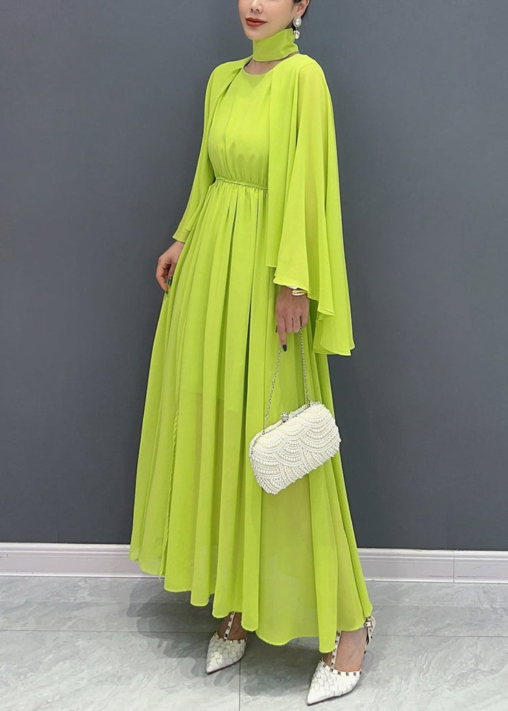 French Green Cape Patchwork Chiffon Long Dresses Flare Sleeve