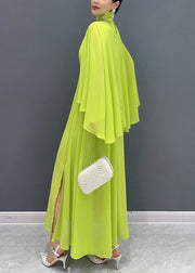 French Green Cape Patchwork Chiffon Long Dresses Flare Sleeve