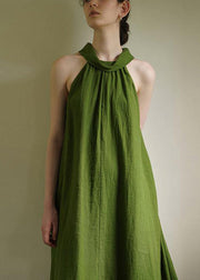 French Green Cold Shoulder Cotton Long Dress Summer