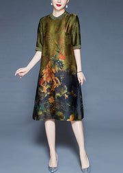 French Green Embroidered Print Patchwork Silk Dress Summer