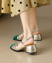 French Green Hollow Out Tulle Splicing Chunky Heel Sandals