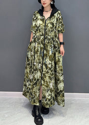 French Green Hooded Print Pockets Cotton Long Dress Summer