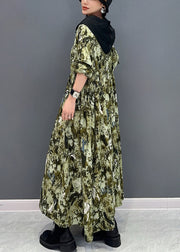 French Green Hooded Print Pockets Cotton Long Dress Summer