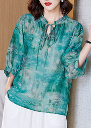 French Green Lace Up Print Patchwork Cotton T Shirt Tops Lantern Sleeve