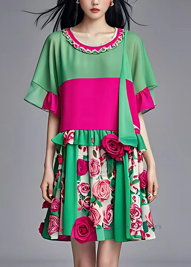 French Green O-Neck Floral Ruffled Patchwork Chiffon Mid Dress Summer