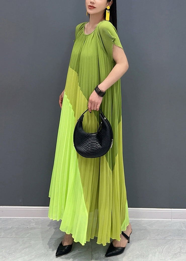 French Green O Neck Print Patchwork Chiffon Dresses Summer