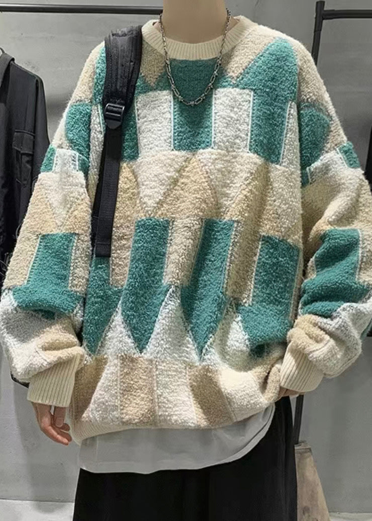 French Green O Neck Thick Cotton Knit Men Sweater Winter