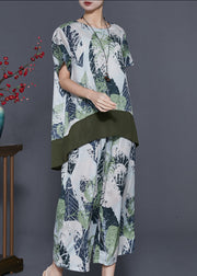 French Green Oversized Patchwork Print Linen Two Pieces Set Summer