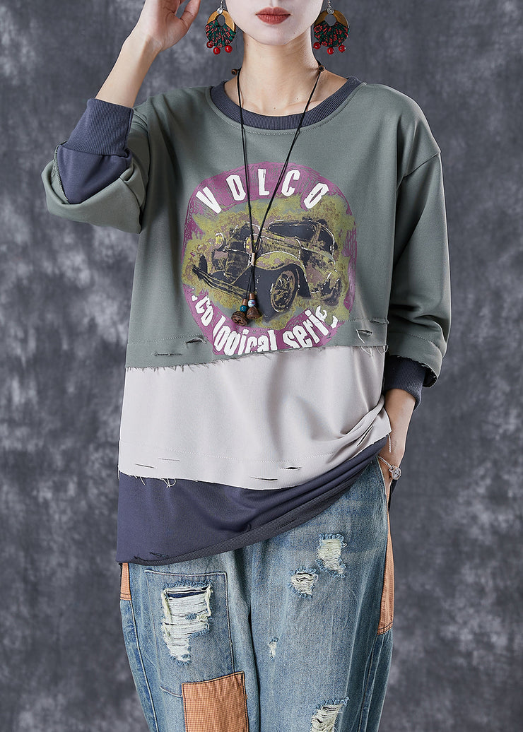 French Green Oversized Patchwork Warm Fleece Pullover Tops Winter