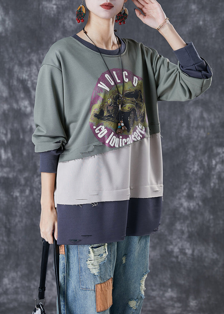 French Green Oversized Patchwork Warm Fleece Pullover Tops Winter