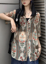 French Green Oversized Print Chiffon Shirt Tops Summer