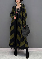 French Green Oversized Striped Thick Knit Long Cardigan Winter