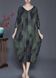 French Green Oversized Tie Dye Silk Dress Batwing Sleeve