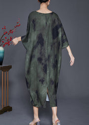 French Green Oversized Tie Dye Silk Dress Batwing Sleeve