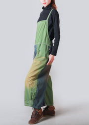 French Green Patchwork Wrinkled Loose Denim Jumpsuit Summer