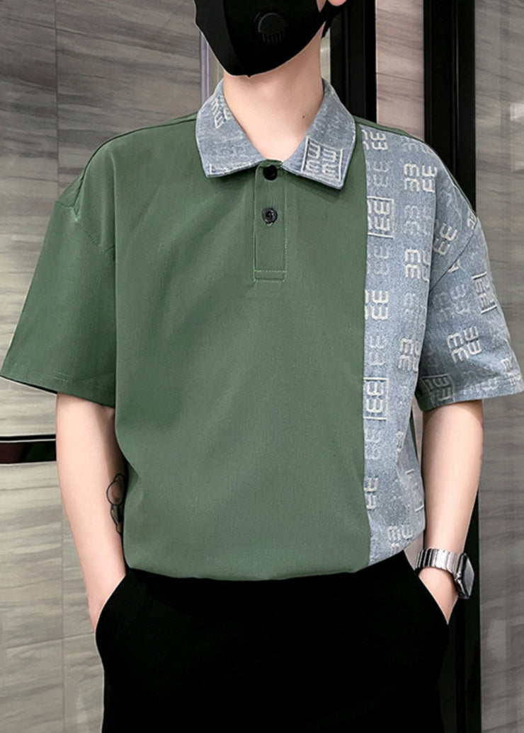 French Green Peter Pan Collar Button Cotton Men Polo Shirt Summer