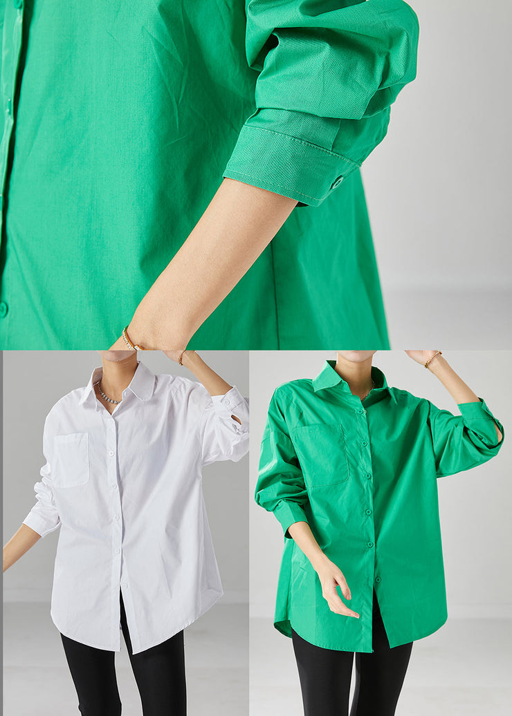 French Green Peter Pan Collar Oversized Cotton Shirts Fall