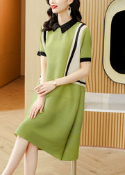 French Green Peter Pan Collar Patchwork 2024 Mid Dress Short Sleeve