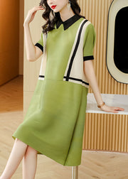 French Green Peter Pan Collar Patchwork 2024 Mid Dress Short Sleeve