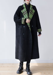 French Green Plaid Notched Wear On Both Sides Warm Fleece Faux Fur Trench Coats Long Sleeve