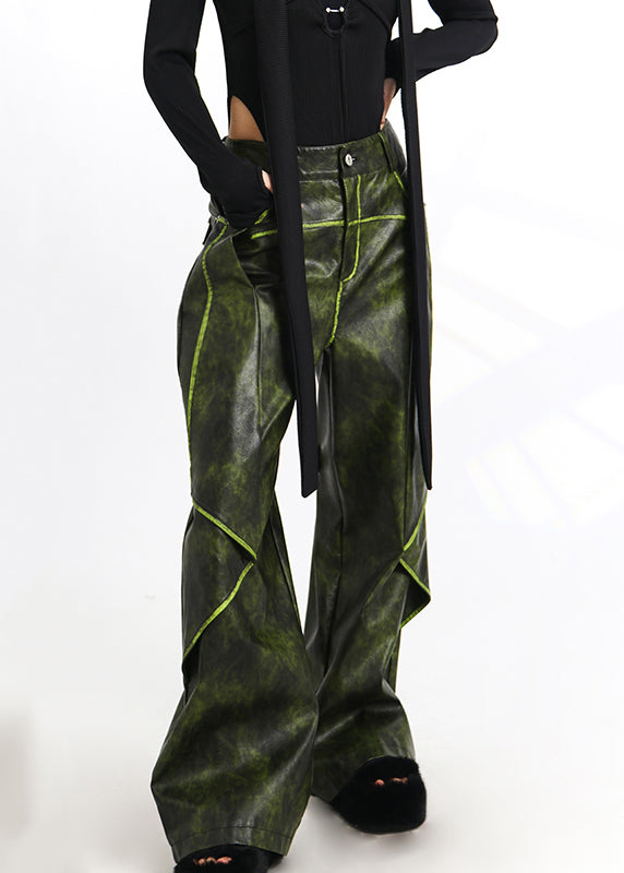 French Green Pockets High Waist Faux Leather Pants Spring