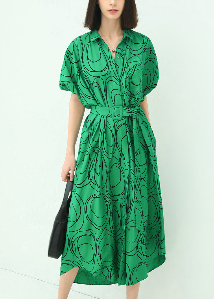 French Green Print Tie Waist Cotton Shirts Dresses Summer