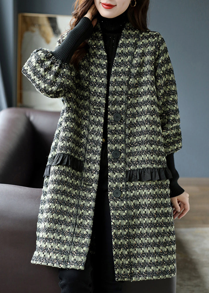 French Green Ruffled Plaid Fine Cotton Filled Woolen Coat Spring